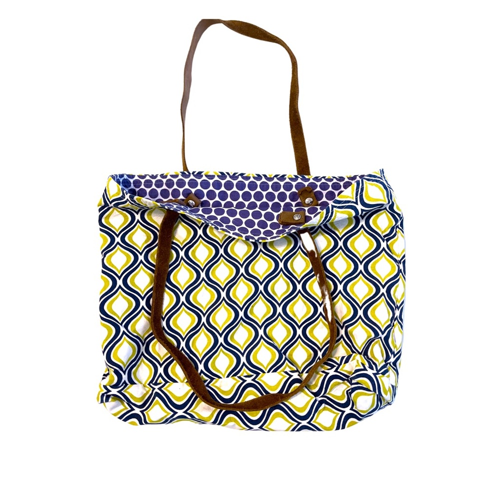 Geometric Print Blue/Green/White‎ Cloth Tote Bag With Leather Handles